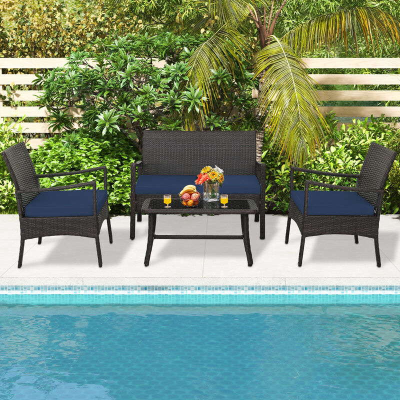 4 Pieces Outdoor Rattan Conversation Set with Tempered Glass Coffee Table