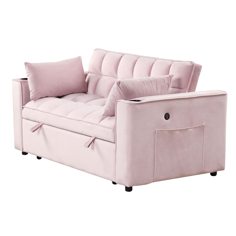 55.3" 41 Multifunctional Sofa Bed with Cup Holder and USB Port for Living Room or Apartments Pink