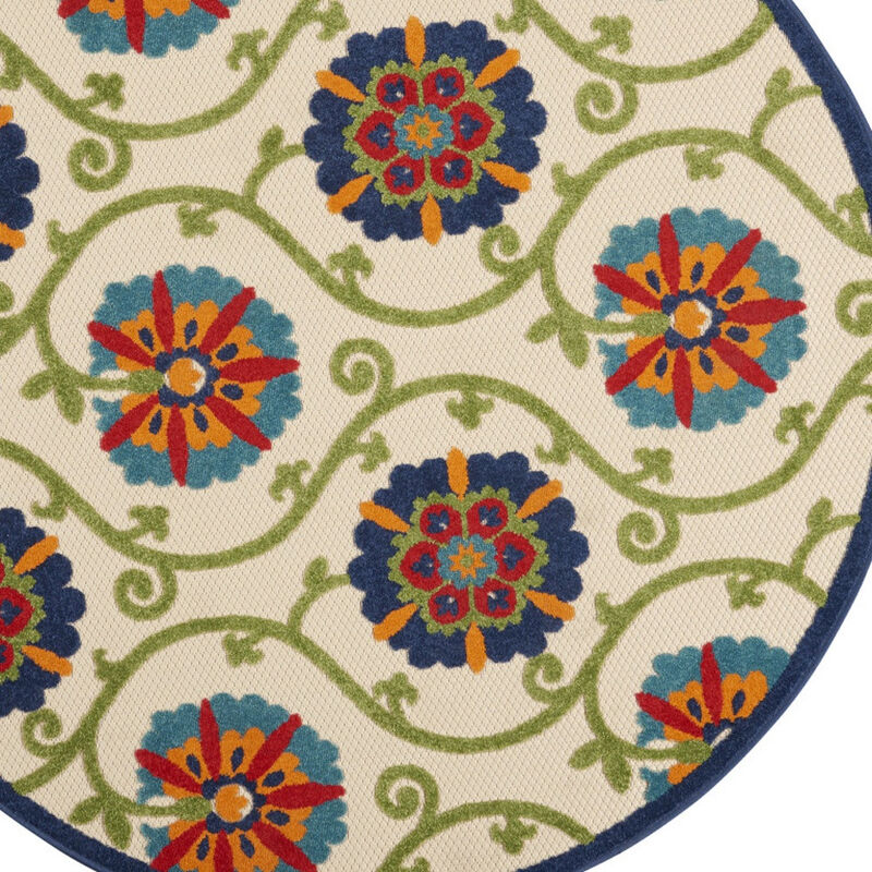 HomeRoots 4' Navy Blue Beige Green Blue And Red Round Floral Indoor Outdoor Area Rug image number 4