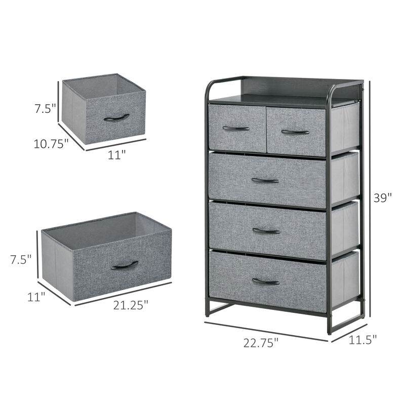 HOMCOM 5-Drawer Fabric Dresser Tower, 4-Tier Storage Organizer with Steel Frame for Hallway, Bedroom and Closet,  Grey