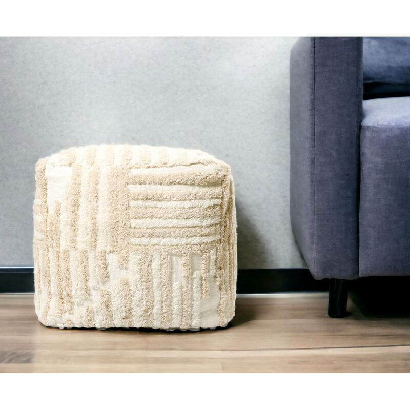 Hivvago 18 Inch Beige Cotton Cube Striped Pouf Ottoman