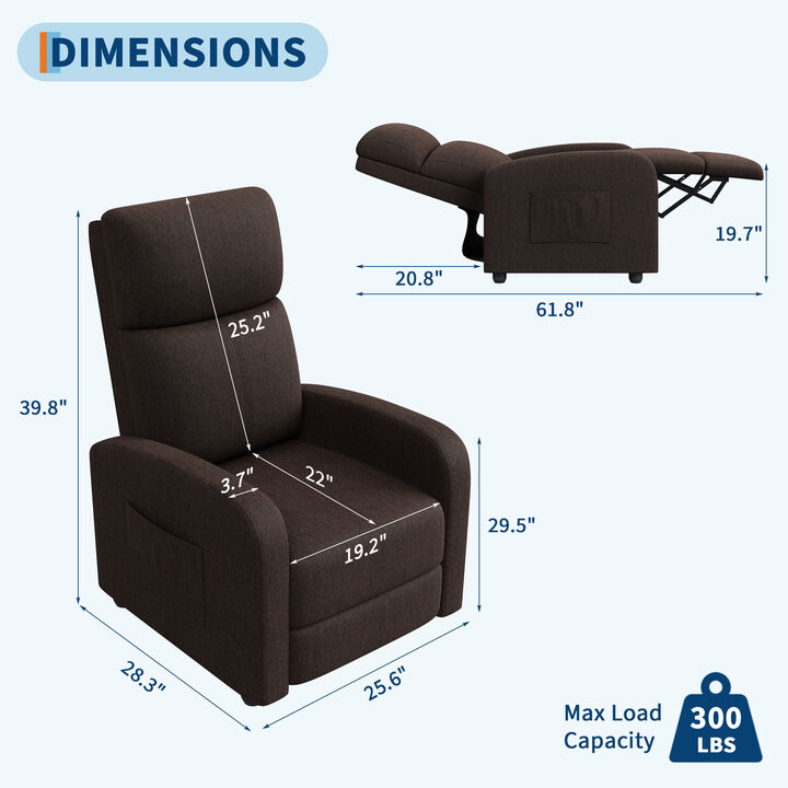 Linen Fabric Manual Recliner Chair, Lounge Chair for Living Room, Home Theater, Outdoor Relax, Brown