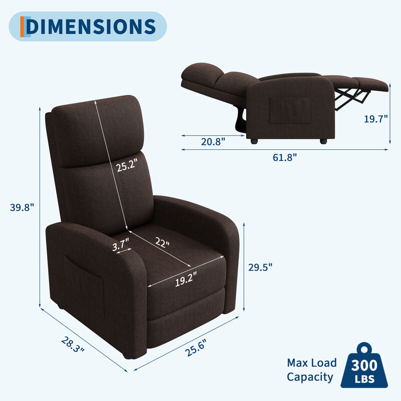 Linen Fabric Manual Recliner Chair, Lounge Chair for Living Room, Home Theater, Outdoor Relax, Brown image number 1