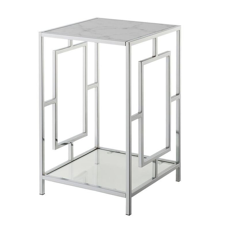 Convenience Concepts Town Square Chrome End Table with Shelf White Faux Marble/Chrome
