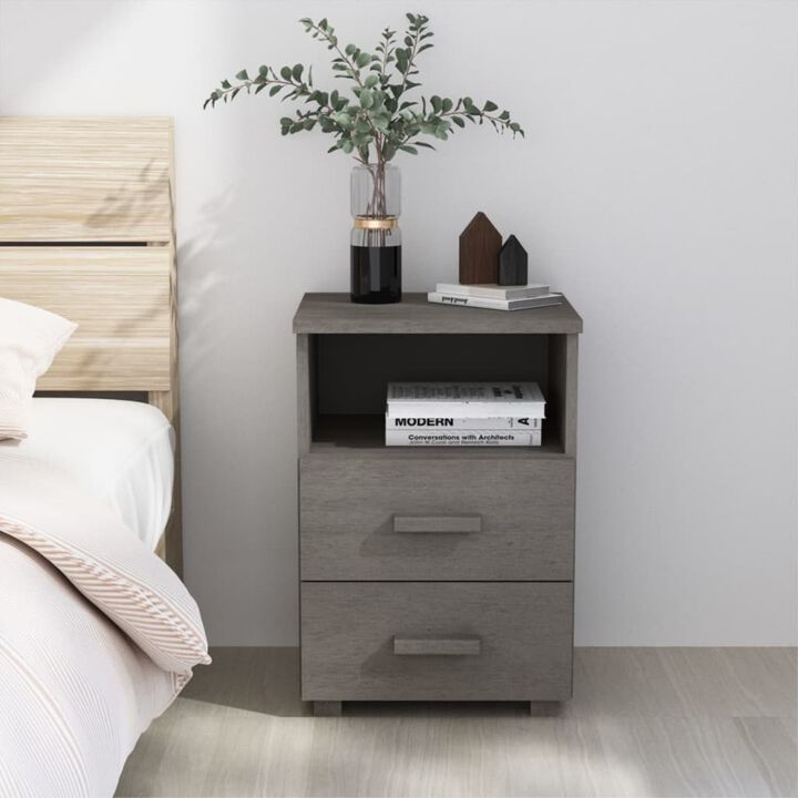 vidaXL HAMAR Bedside Cabinet, Solid Pinewood Side Table, Light Gray - Complete with Two Drawers and Open Shelf for Ample Storage