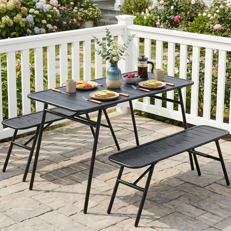 Outdoor Patio Dining Set 3 Piece with Table and 2 Benches for Garden, Deck, Backyard Use-Black image number 4