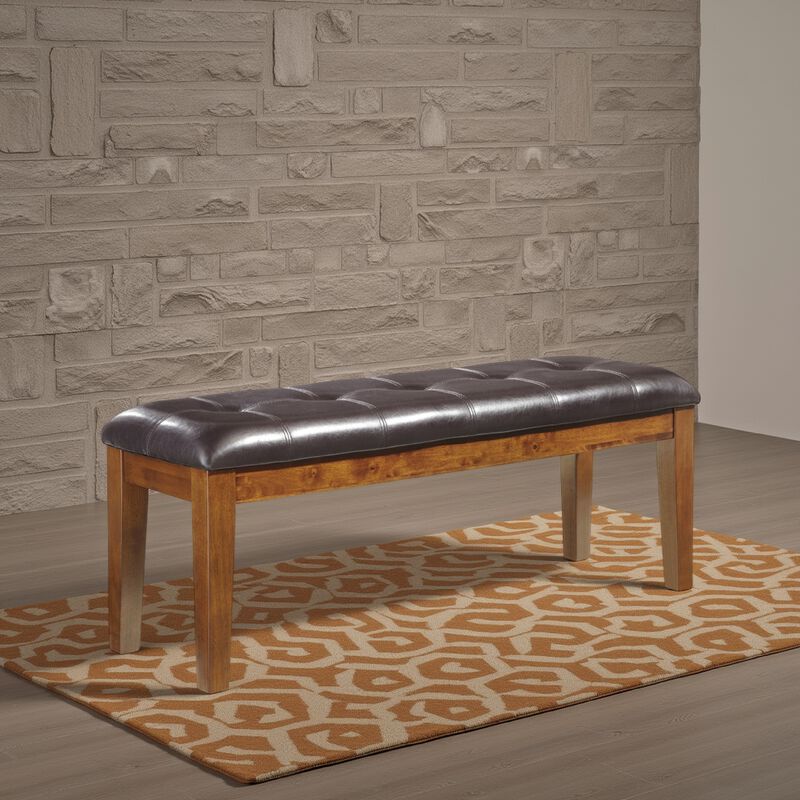 Raly Dining Bench, 50 Inch, Plush Tufted Faux Leather Seat, Brown - Benzara