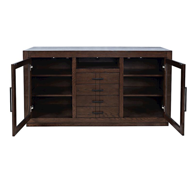 Jofran 60 Contemporary Media Console with Tempered Glass Doors, Drawers and Shelves