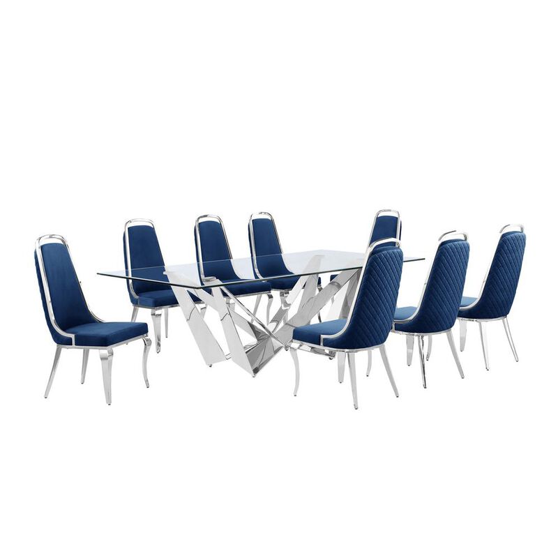 9pc Large(94") glass top topdining set with silver base and 8 Navy blue chairs