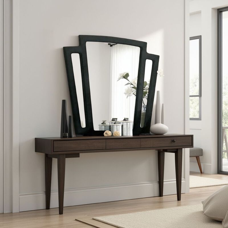 Ino Dresser Mirror, 44 Inch Black Fabric Upholstered 3 Panel Frame