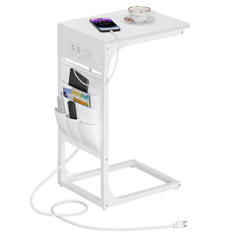 TUTOTAK C Shaped End Table with Charging Station, Side Table for Sofa, Couch Table with Storage Bag, TV Tray Table with 2 USB Po
