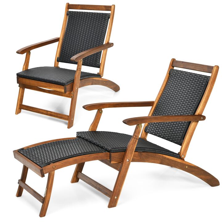 Set of 2 Folding Patio Rattan Lounge Chairs with Acacia Wood Frame and Footrest