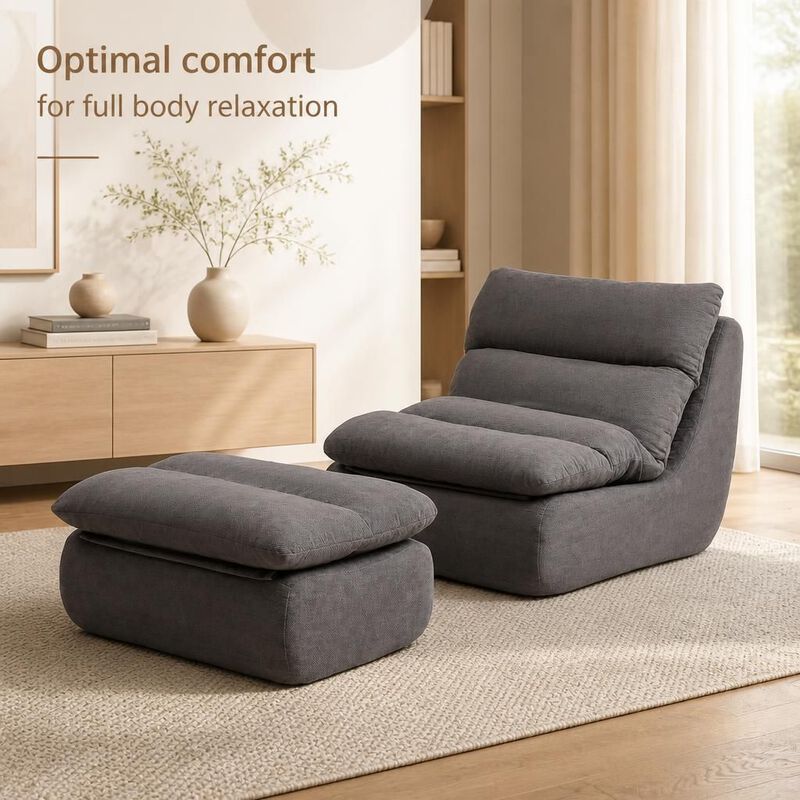 GOODSILO Tufted Upholstered Large Chaise Lounge Bean Bag Chair With Matching Ottoman Comfortable Lazy Sofa For Living Room Bedroom Reading Napping image number 4
