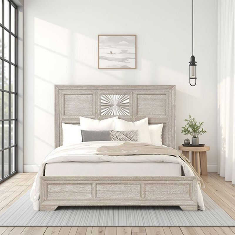 Diaz Queen Bed, Sunburst Pattern, Recessed Panel, Light Gray Wood - Benzara