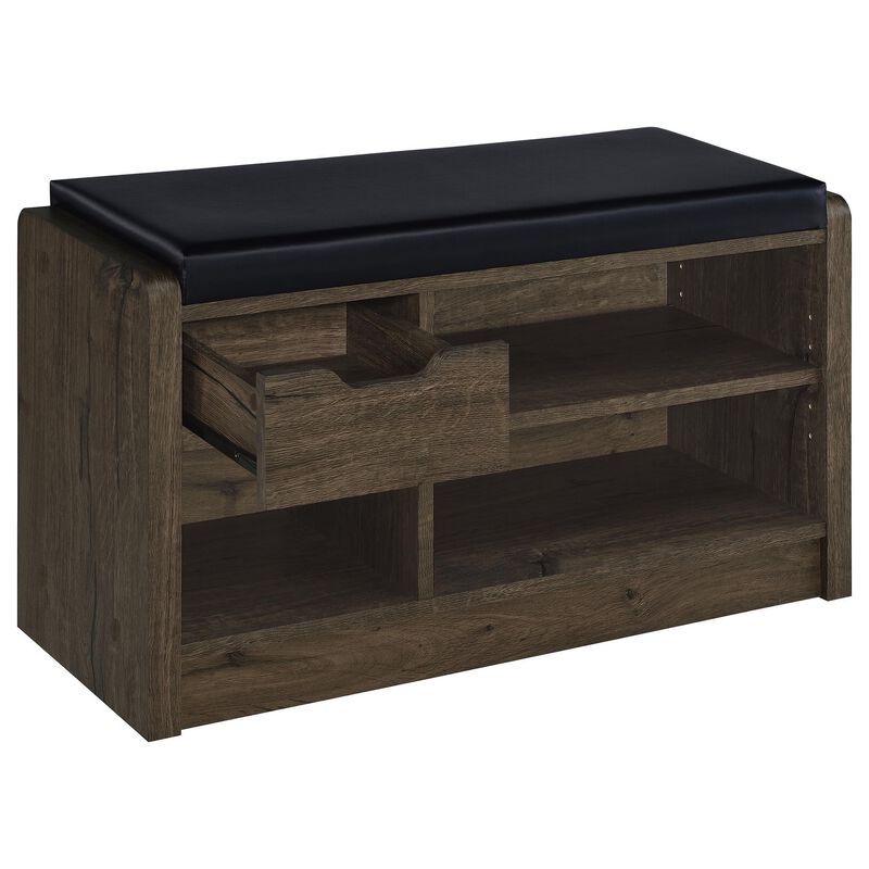 Aryn Storage Bench, Adjustable Shelf, Black Faux Leather, Dark Brown - Benzara