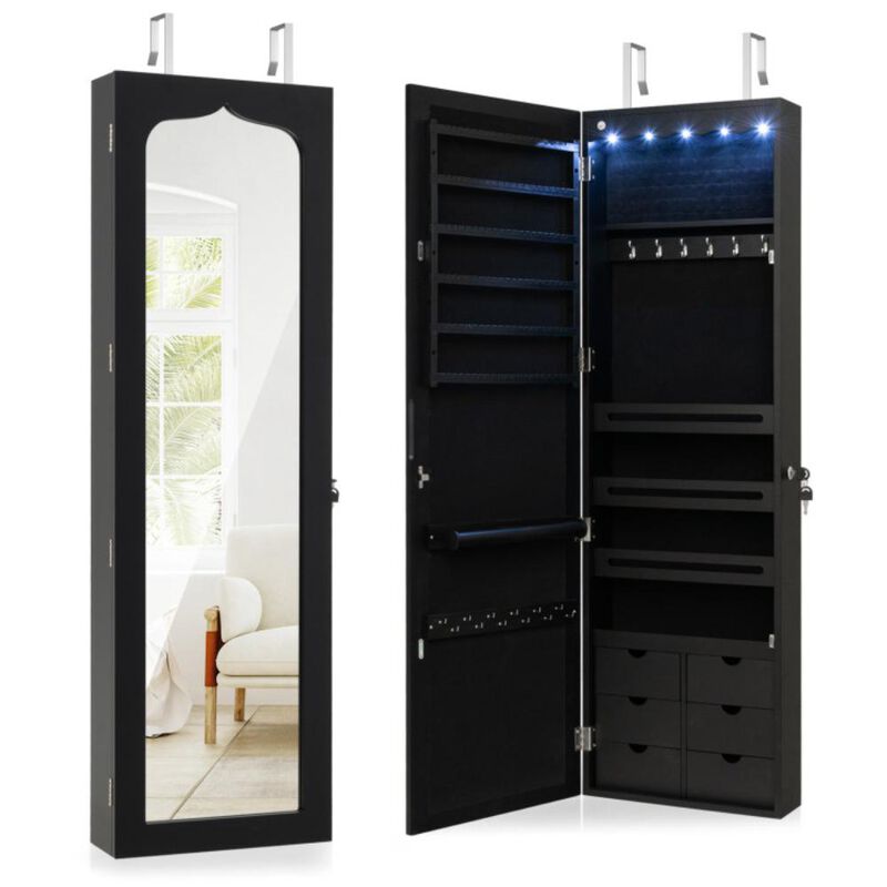 Hivvago Lockable Wall Mounted Mirror Jewelry Armoire with 5 LEDs and 6 Drawers