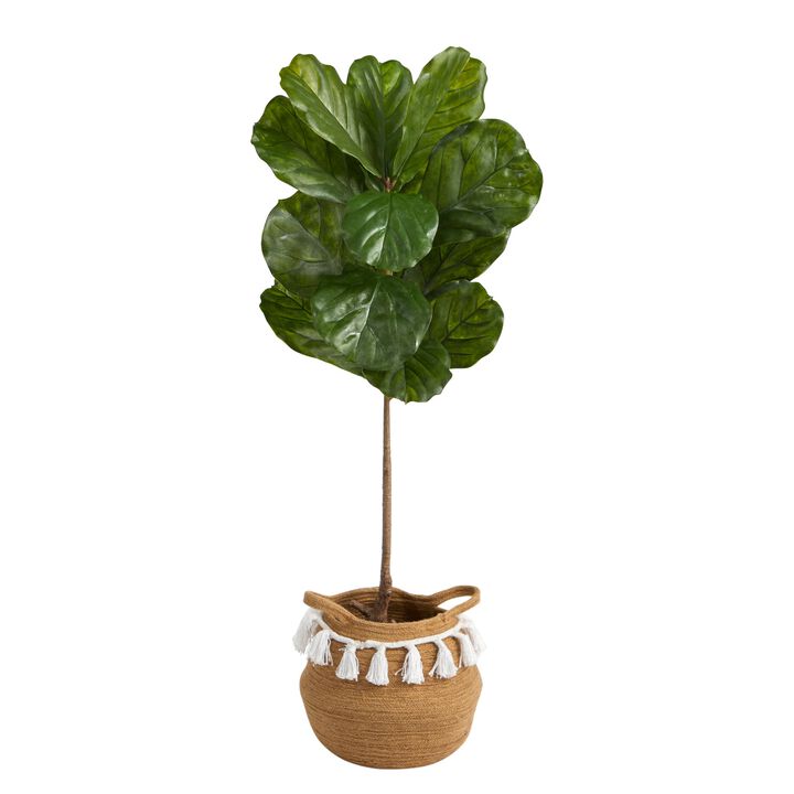 HomPlanti 4 Feet Fiddle Leaf Artificial Tree in Boho Chic Handmade Natural Cotton Woven Planter with Tassels UV Resistant (Indoor/Outdoor)