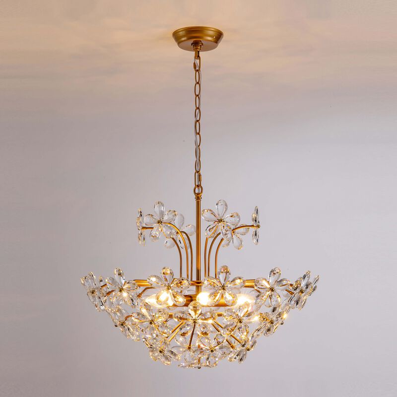 Rosa Modern 6-Light Daisy Glam Clear Crystals Large Size Chandelier - Medium‑gloss Brushed Brass Finish image number 4