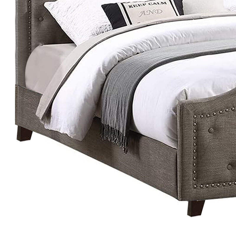 Gia Upholstered King Size Bed, Clipped Corners, Rich Brown Polyester Fabric - Benzara