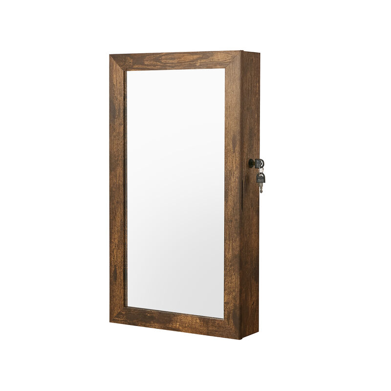 Space-Saving Wall-Mounted Jewelry Cabinet with Mirror and Lock - Rustic Brown Finish image number 0