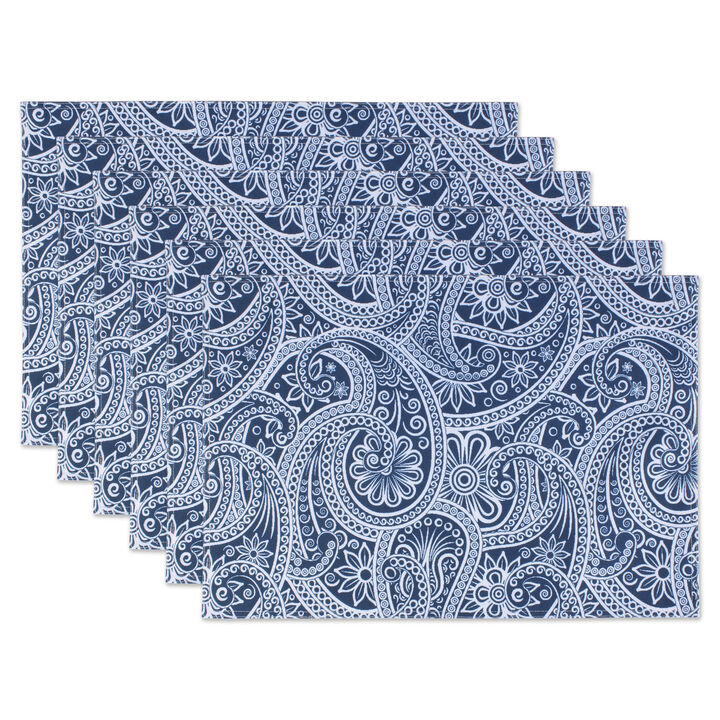 Set of 6 Solid Blue Paisley-Patterned Placemats 19"