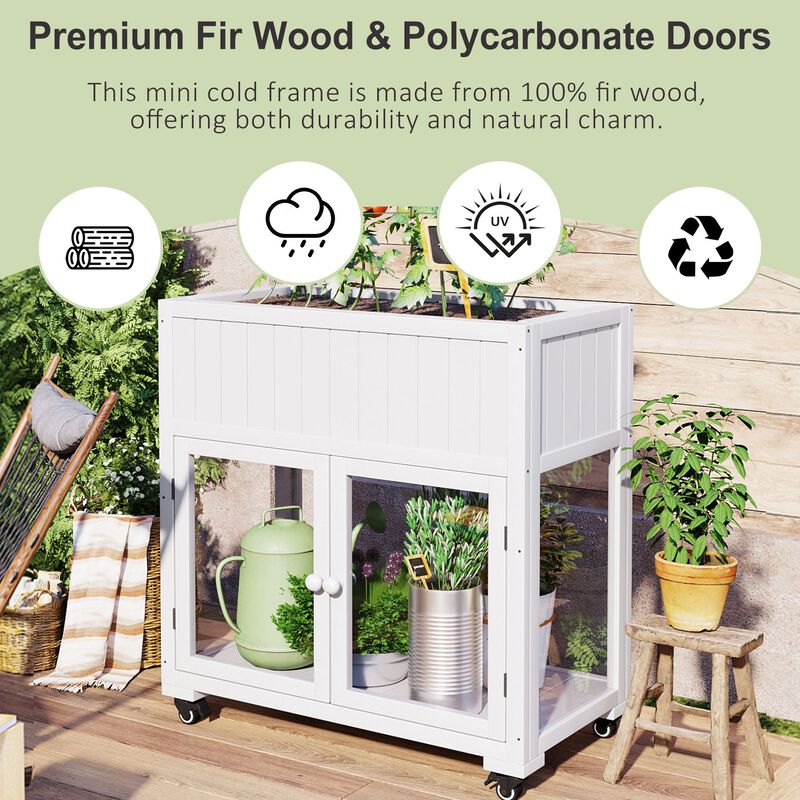 Wood Cold Frame with Raised Garden Bed & Wheels, 2-Door Greenhouse for Indoor/Outdoor Use