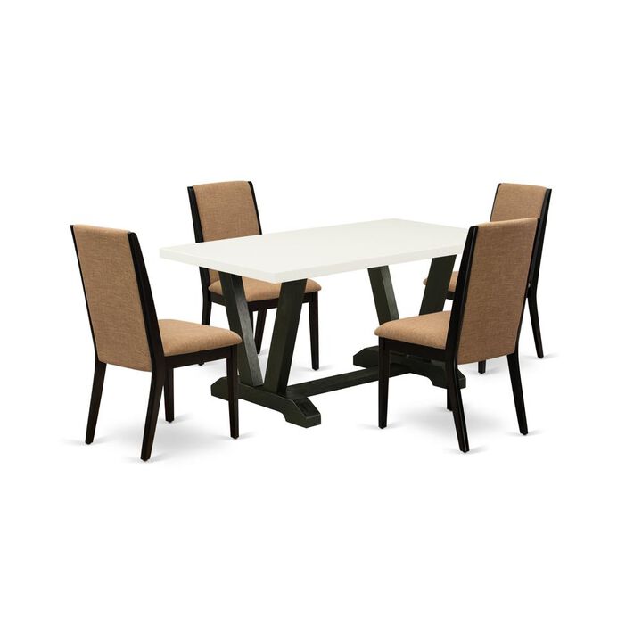 East West Furniture V626LA147-5 5-Piece Fashionable Dining Room Set a Good Linen White Wood Table Top and 4 Stunning Linen Fabric Kitchen Chairs with Stylish Chair Back, Wire Brushed Black Finish