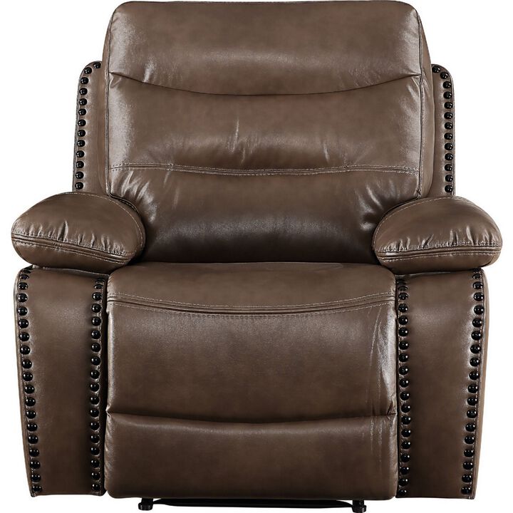 Leatherette Power Recliner with Nailhead Trim Accent, Brown-Benzara