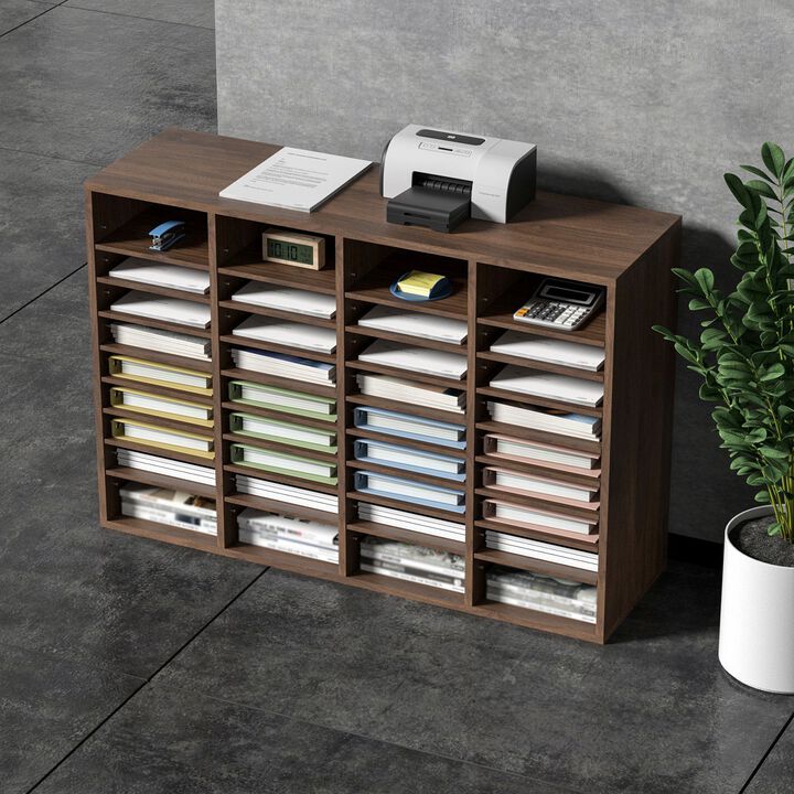 36 Compartment Wood Literature Organizer with Adjustable Shelves for Office Mailroom Storage-Vintage Brown