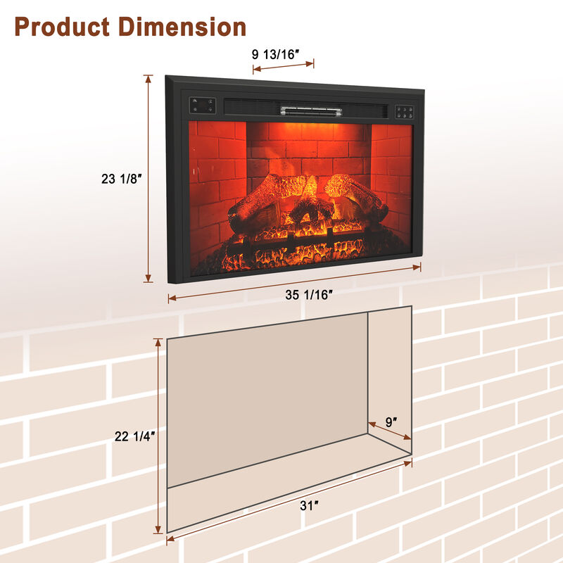 MONDAWE 35" Wall-Mounted Recessed Electric Fireplace 5120 BTU Heater with Remote Control & Adjustable Flame Color