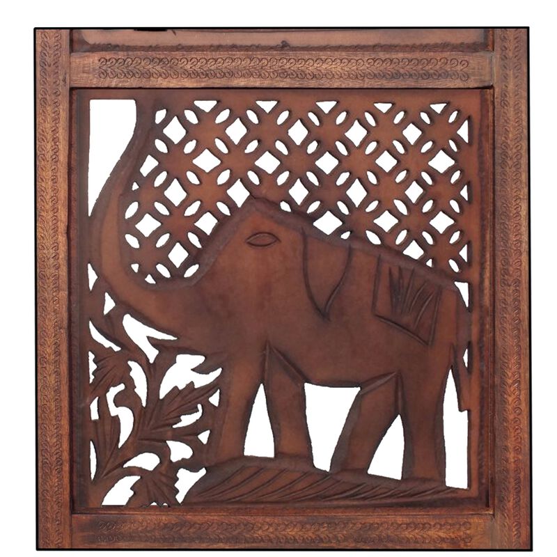 Hand Carved Elephant Design Foldable 4 Panel Wooden Room Divider, Brown-Benzara
