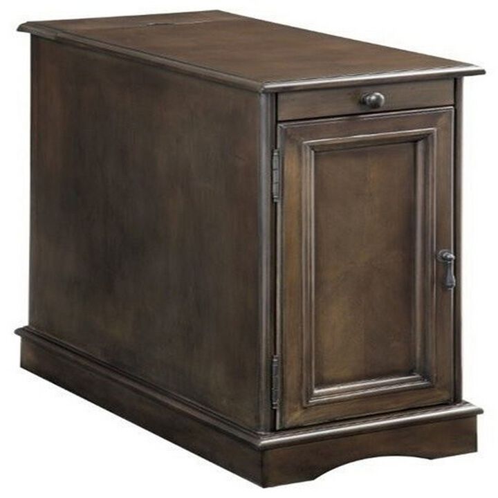 1 Cabinet Wooden Side Table with Power Hub and Pull Out Tray, Brown-Benzara