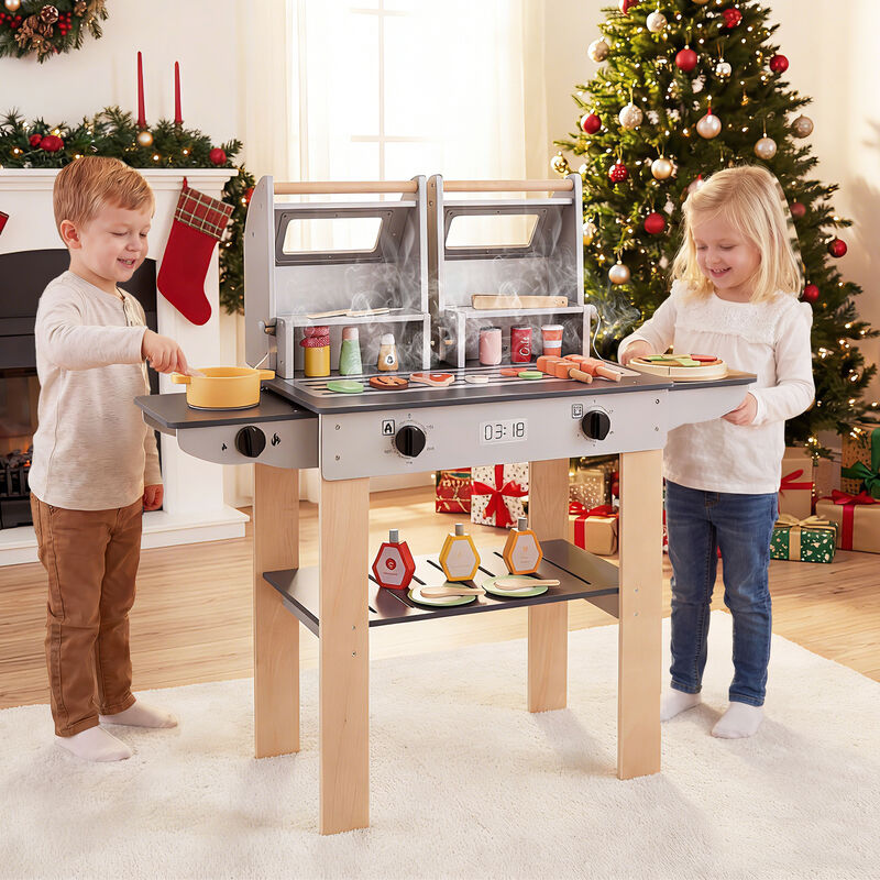 Kids Pretend BBQ Grill Set with Wooden Grill Tools and Play Food Accessories-Grey image number 1