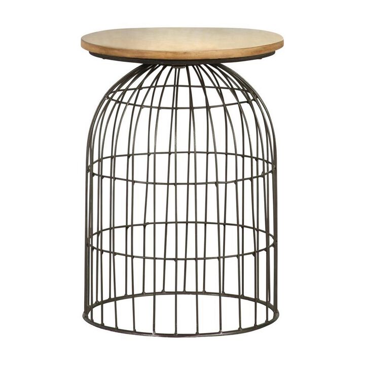21 Inch Round Accent Table with Bird Cage Style Base, Beige Marble, Black - Benzara