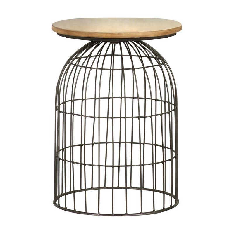 21 Inch Round Accent Table with Bird Cage Style Base, Beige Marble, Black
