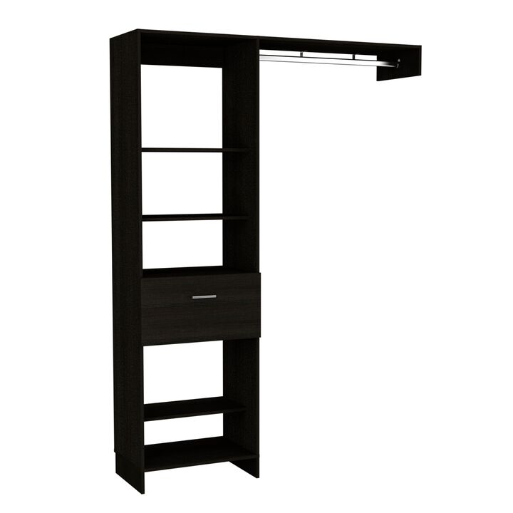 Manchester 150 Closet System, Metal Rod, Five Open Shelves, One Drawer -Black