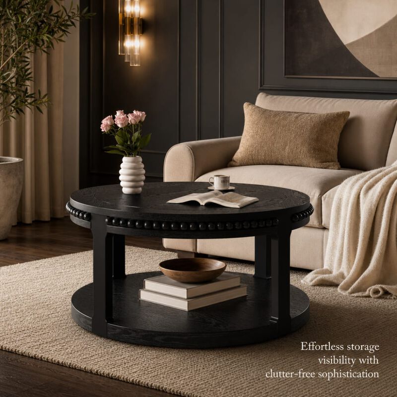 GOODSILO 31.5 Inch Two-Tier Round Solid Wood Coffee Table and Sofa Table Sturdy Thickened Top Heavy-Duty Circle Accent Table for Living Room Lounge and Sofa Areas image number 4