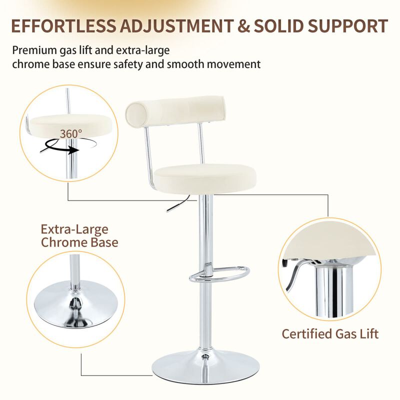Set of 2 swivel bar stools, velvet upholstered adjustable height bar chair with open back, chrome base counter stools with footrest image number 3