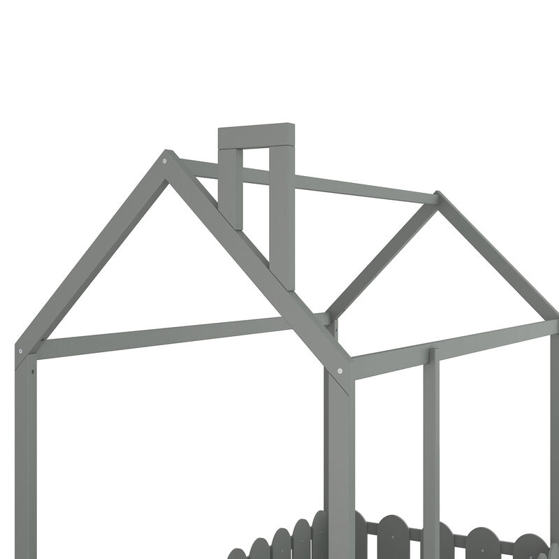 （Slats are not included) Twin Size Wood Bed House Bed Frame with Fence, for Kids, Teens