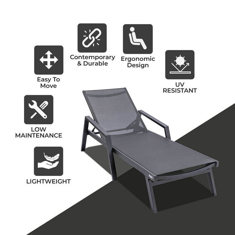LeisureMod Marlin Poolside Outdoor Patio Lawn and Garden Modern Powder Coated Aluminum Frame Suntan Sling Chaise Lounge Chair with Armrests, Set of 2