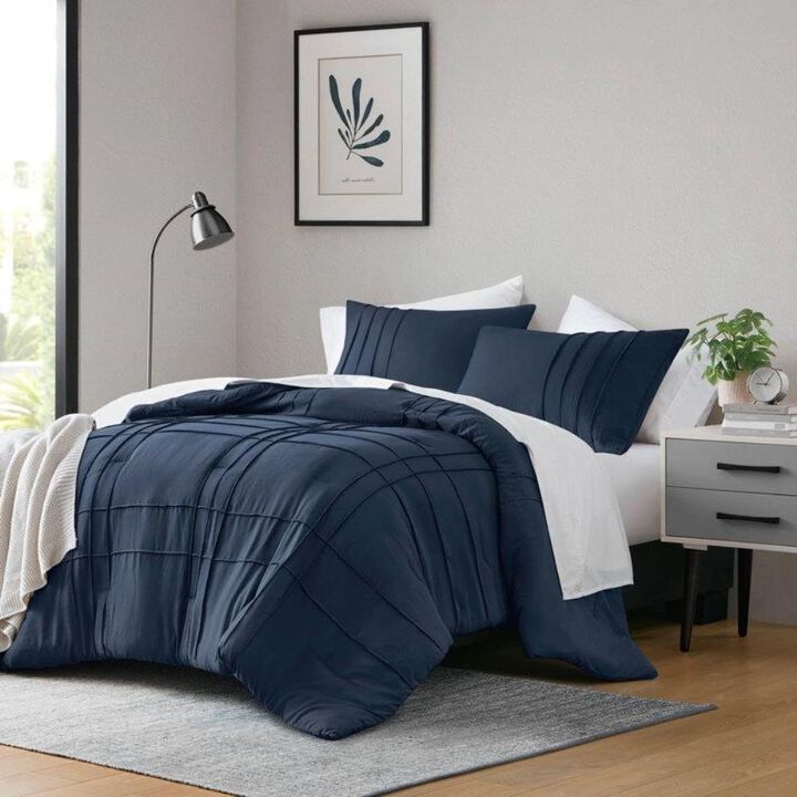 Hivvago Full/Queen Microfiber Pleated Bohemian style Pre-Washed Comforter Set in Navy