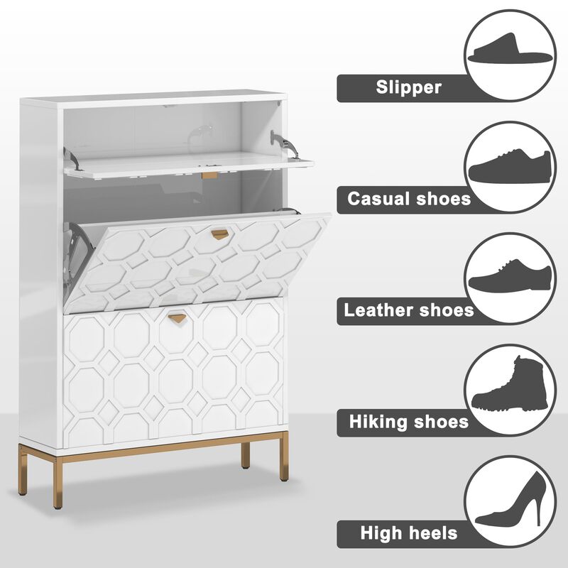 MONDAWE Modern 3-Drawer MDF Shoe Cabinet With Golden Handle (24-Pair)