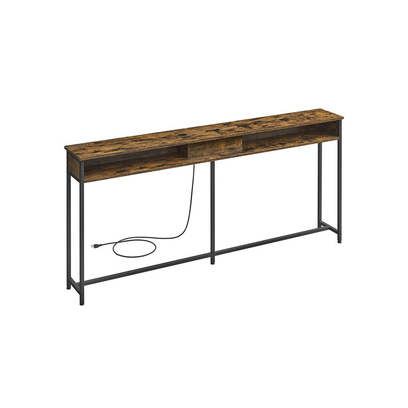 Long Console Table with Charging Station &ndash; 70" Sofa Table with Power Outlets and 3-Tier Shelves for Decor and Devices