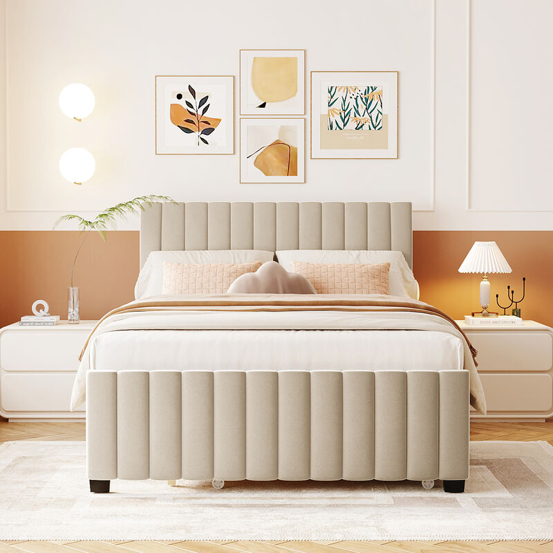 Merax Full Size Velvet Upholstered Platform Bed with Twin Size Trundle