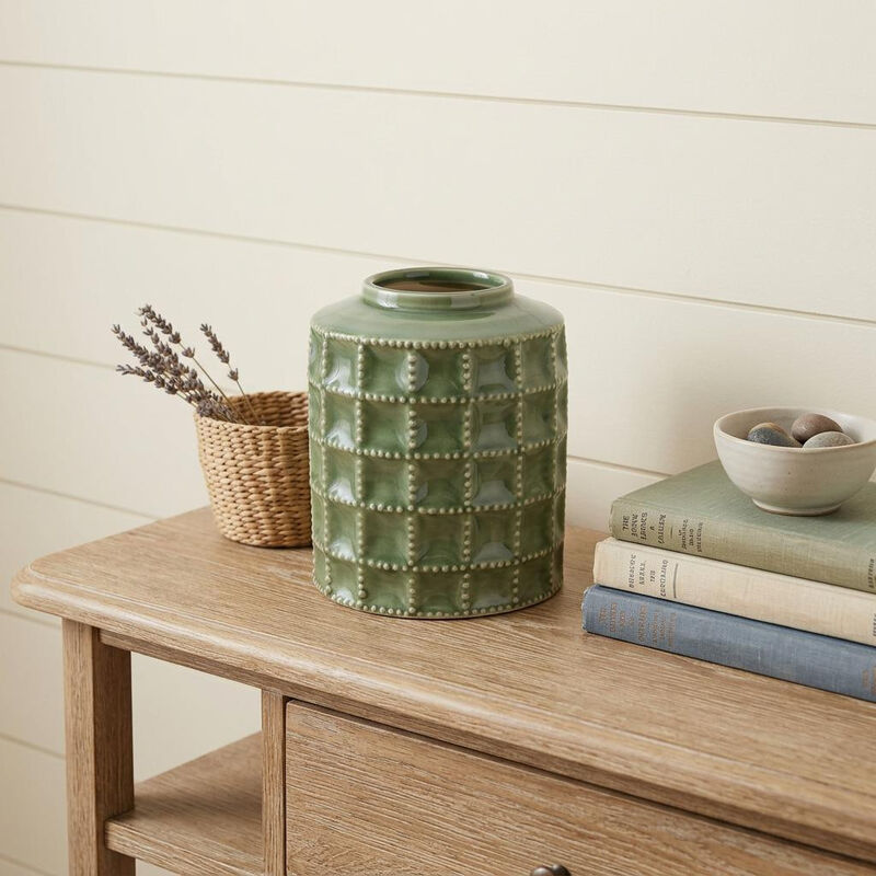 HomeRoots 7" Green Terracotta Geometric Cylinder Table Vase image number 1