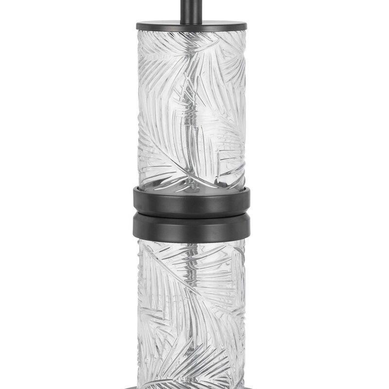 Hem 31 Inch Table Lamp with Drum Hardback, LED, Leafy Glass, Gray Metal - Benzara