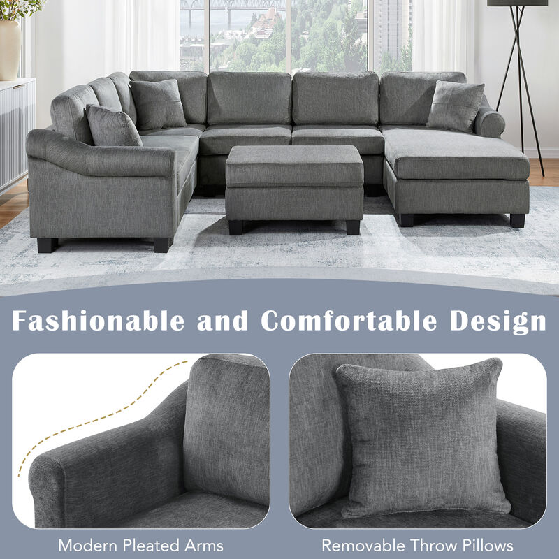 Merax U-shaped Sofa Chenille Upholstered Sofa Couch with Movable Storage Ottoman for Living Room