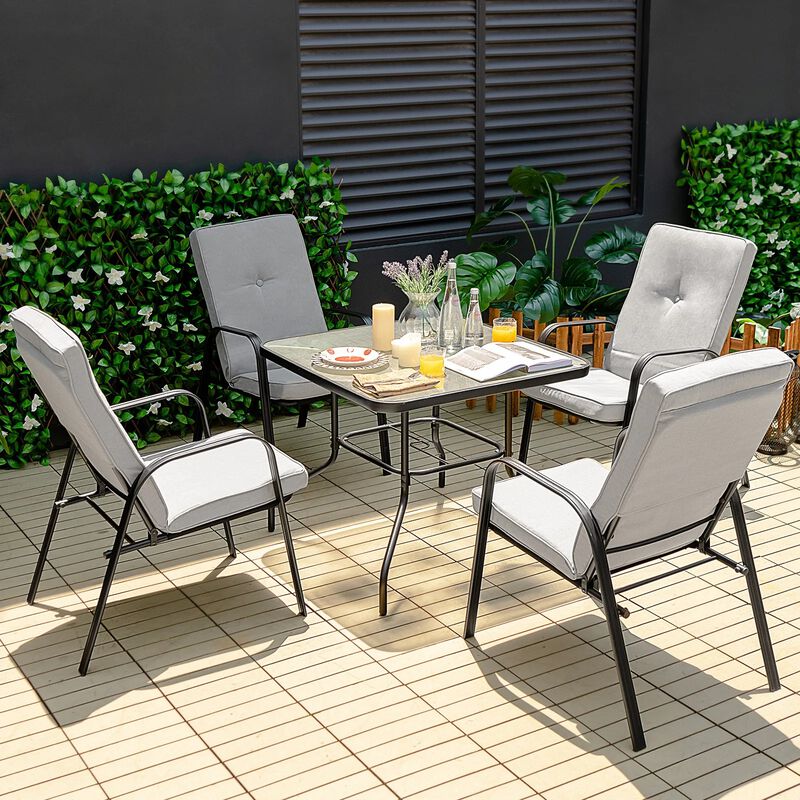 Mondawe 5 Pcs Outdoor Dining Set,35" Square Table With Umbrella Hole & 4 Stackable High-Back Chairs
