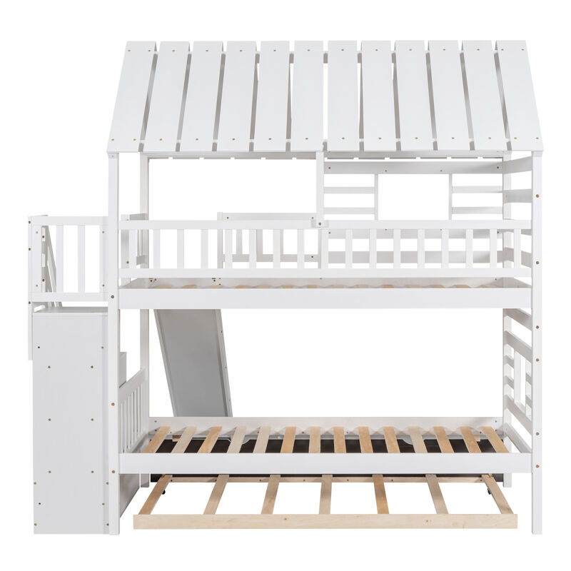 Twin Over Twin House Bunk Bed With Trundle And Slide, Storage Staircase, Roof And Window Design