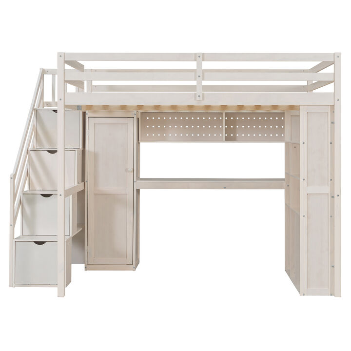 Whisen Full Loft Bed with Wardrobe Desk Shelves, Solid Wood Space-Saving for Bedroom Kids